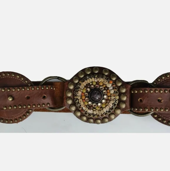 Vintage‎ Leatherrock Leather Belt with Stone Embellished Buckle Vintage LeatheRock USA Jeweled Woven Leather Belt Stone  main image 3